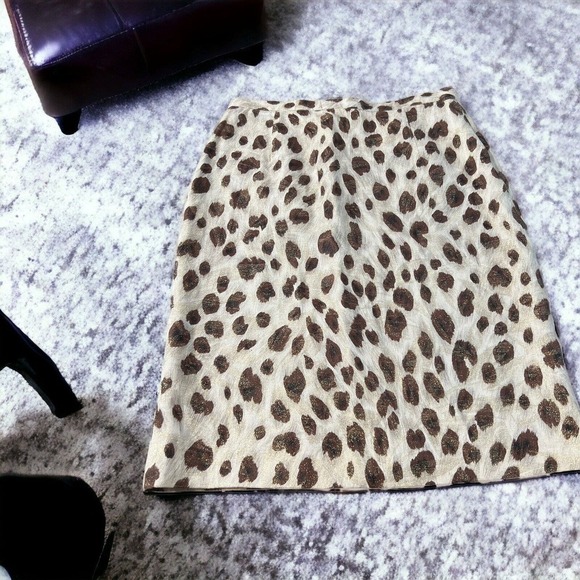 100% Linen Pencil Skirt Cheetah Animal Print Leopard Gold Metallic Thread Sz 8 - Picture 1 of 10